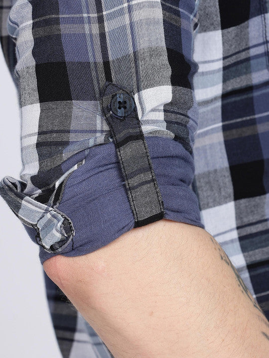 Navy Madras Checked Double Pocket Shirt