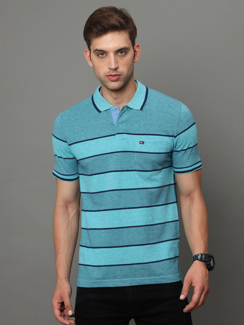 Shop Men's Blue Stripe Regular Fit Half Sleeves Polo Neck T-Shirt Online.