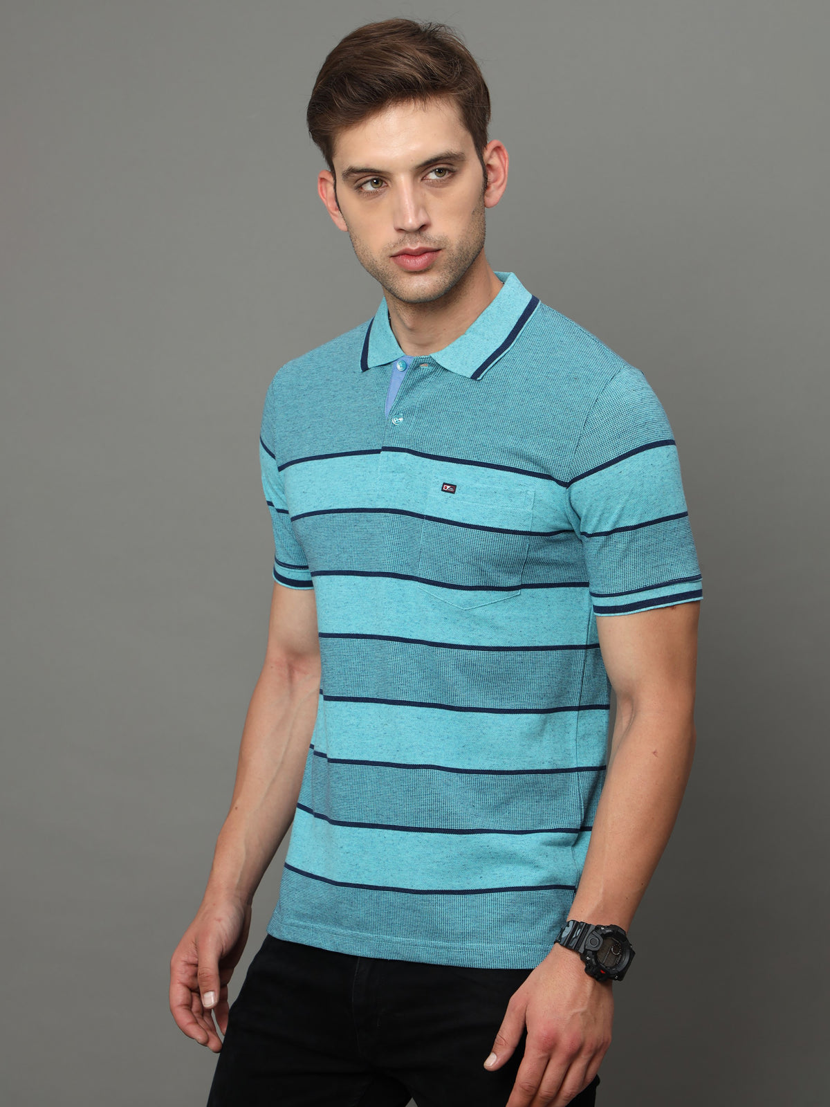 Shop Men's Blue Stripe Regular Fit Half Sleeves Polo Neck T-Shirt Online.