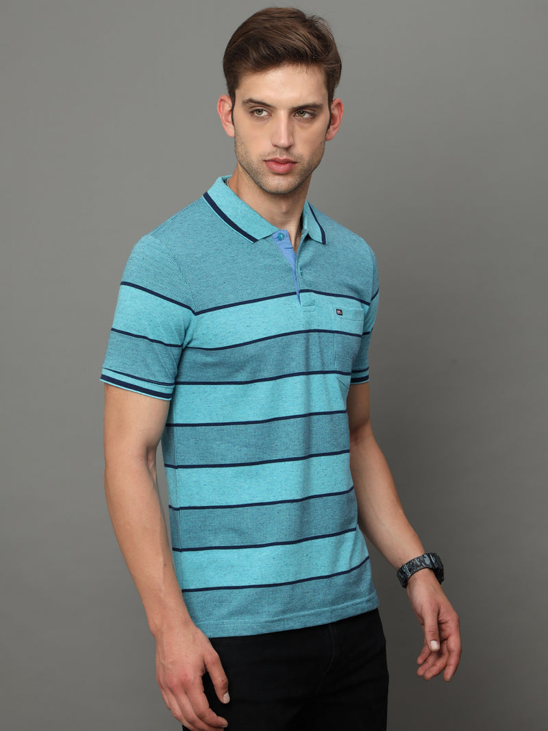 Shop Men's Blue Stripe Regular Fit Half Sleeves Polo Neck T-Shirt Online.