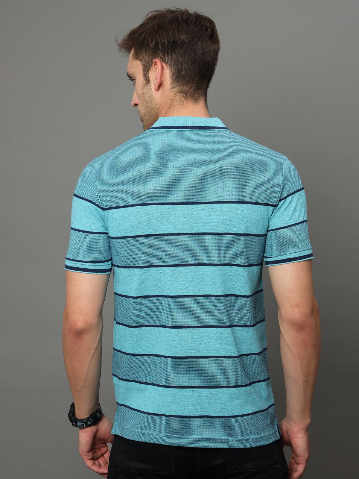 Shop Men's Blue Stripe Regular Fit Half Sleeves Polo Neck T-Shirt Online.