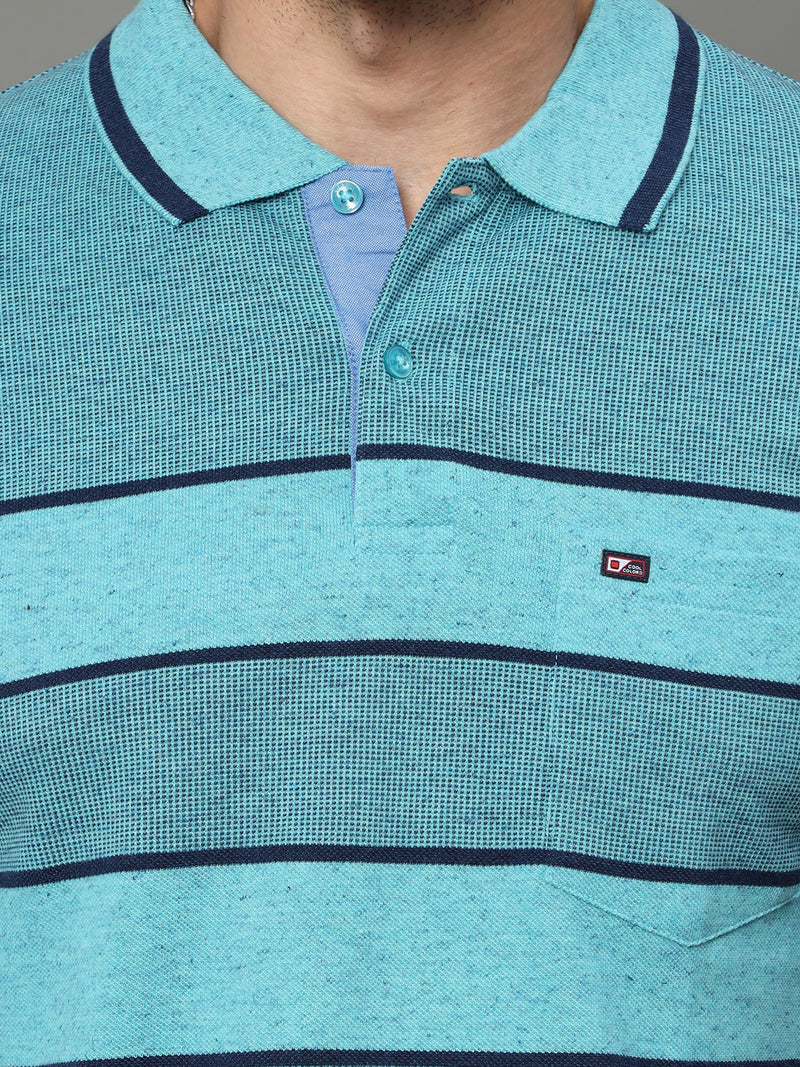 Shop Men's Blue Stripe Regular Fit Half Sleeves Polo Neck T-Shirt Online.