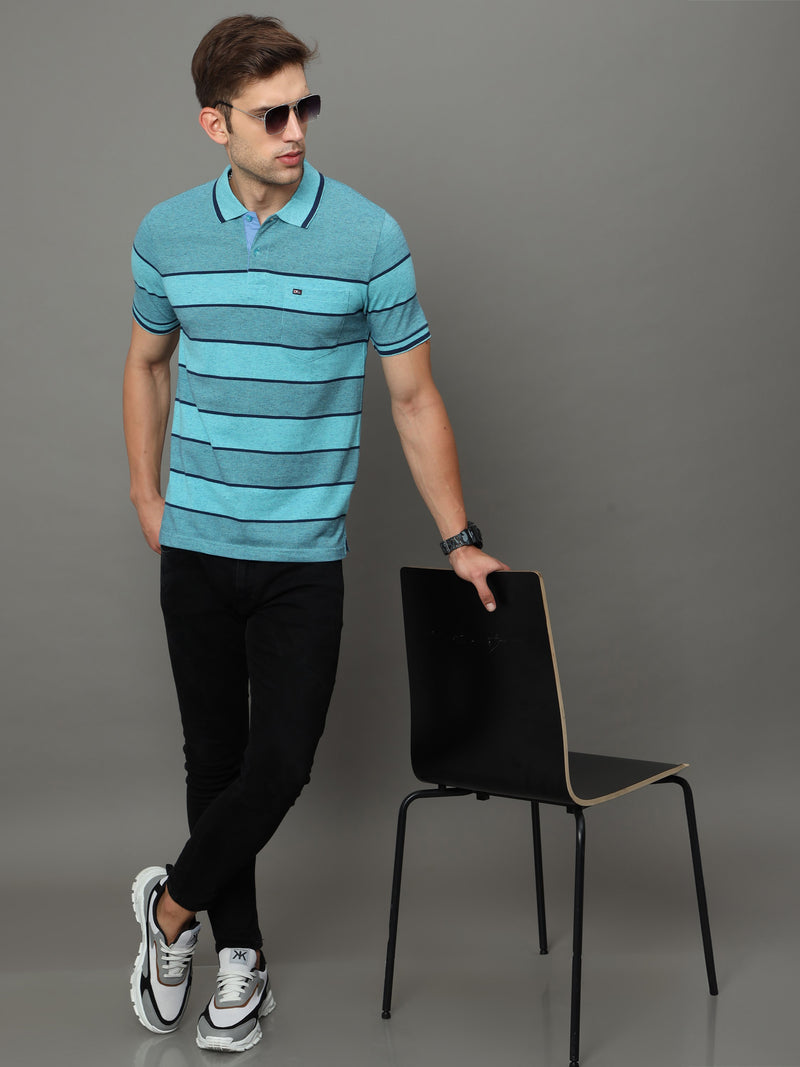 Shop Men's Blue Stripe Regular Fit Half Sleeves Polo Neck T-Shirt Online.