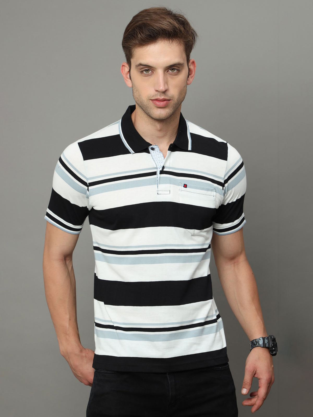 Shop Men's White & Black Stripe Regular Fit Half Sleeves Polo Neck T-Shirt Online.