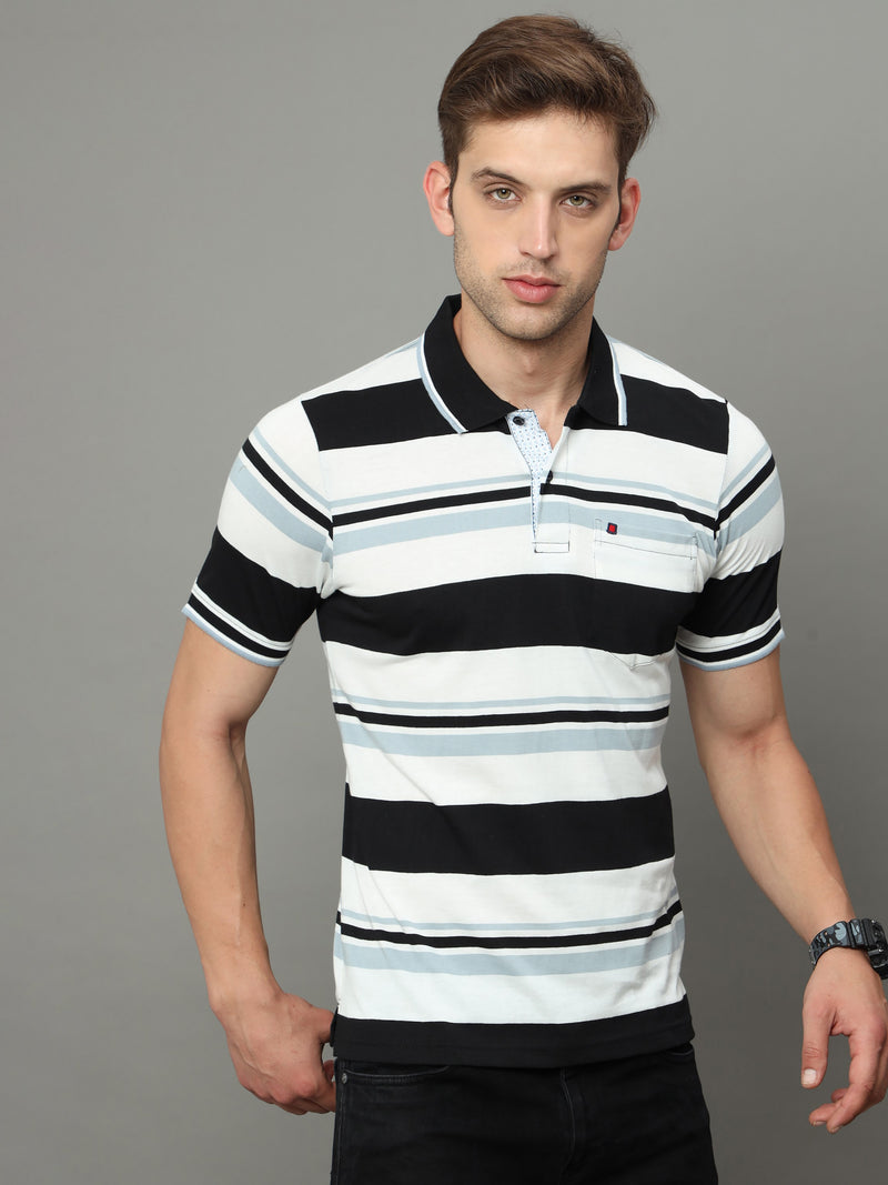 Shop Men's White & Black Stripe Regular Fit Half Sleeves Polo Neck T-Shirt Online.