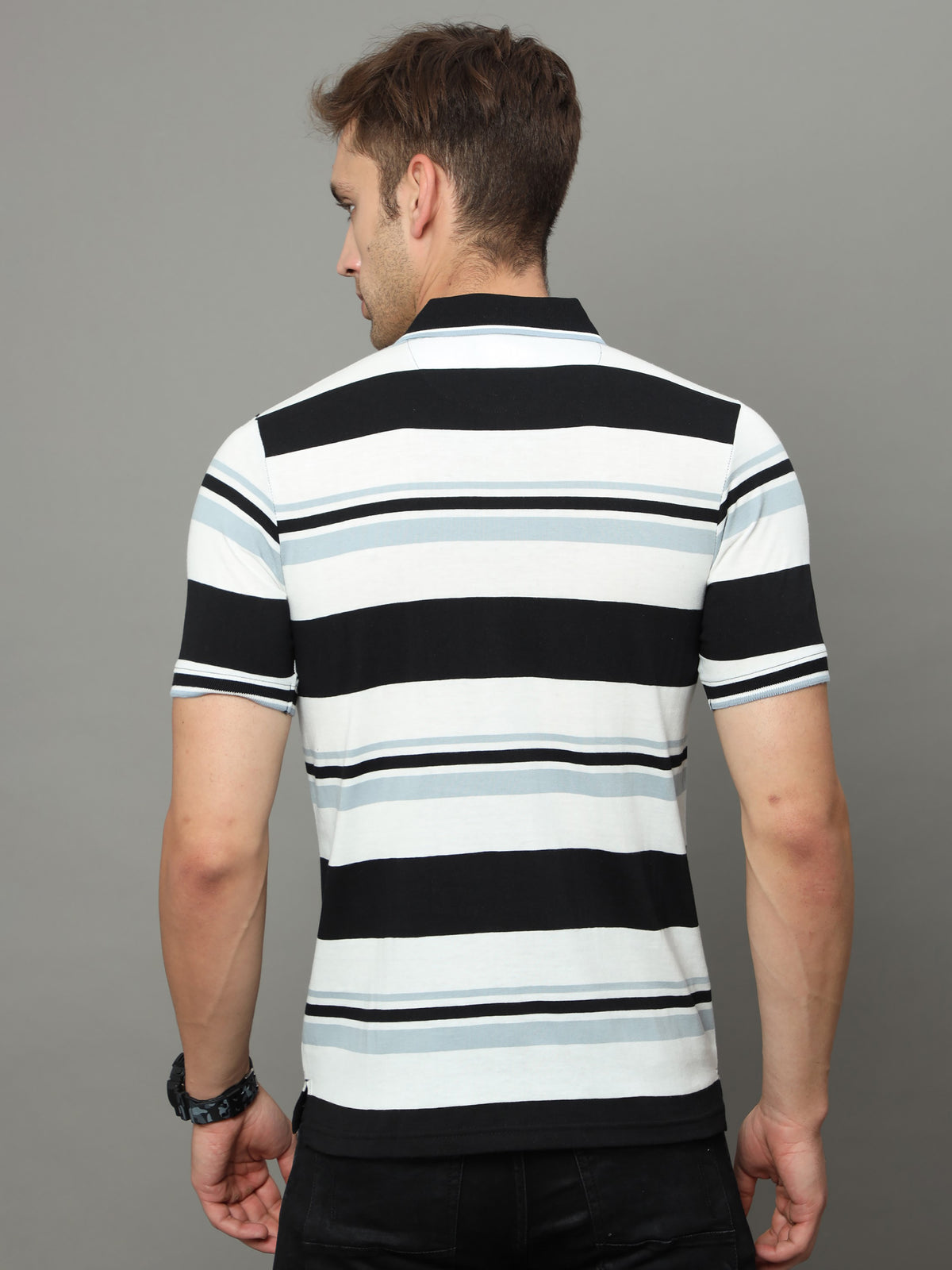 Shop Men's White & Black Stripe Regular Fit Half Sleeves Polo Neck T-Shirt Online.