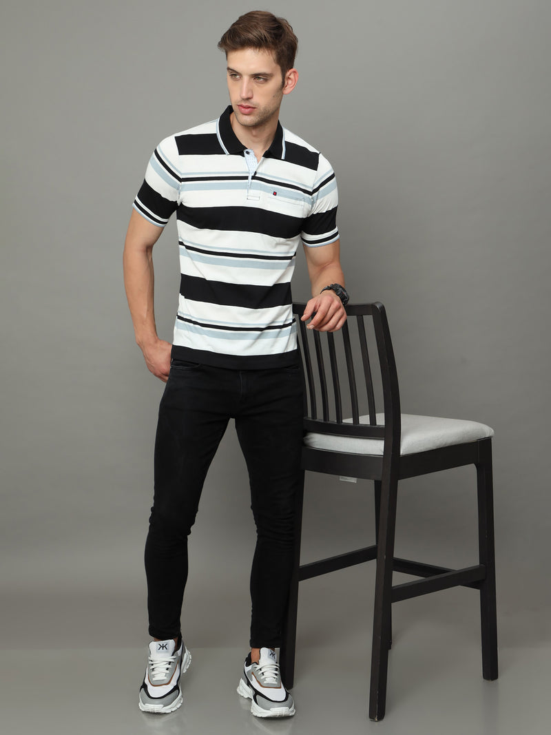 Shop Men's White & Black Stripe Regular Fit Half Sleeves Polo Neck T-Shirt Online.