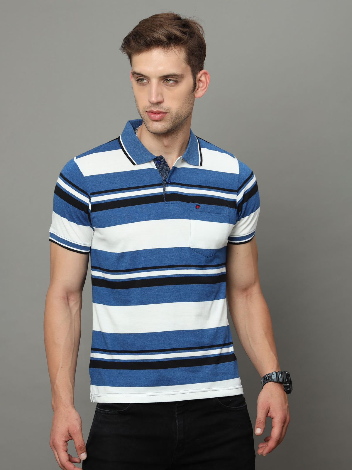 Shop Men's White & Blue Stripe Regular Fit Half Sleeves Polo Neck T-Shirt Online.