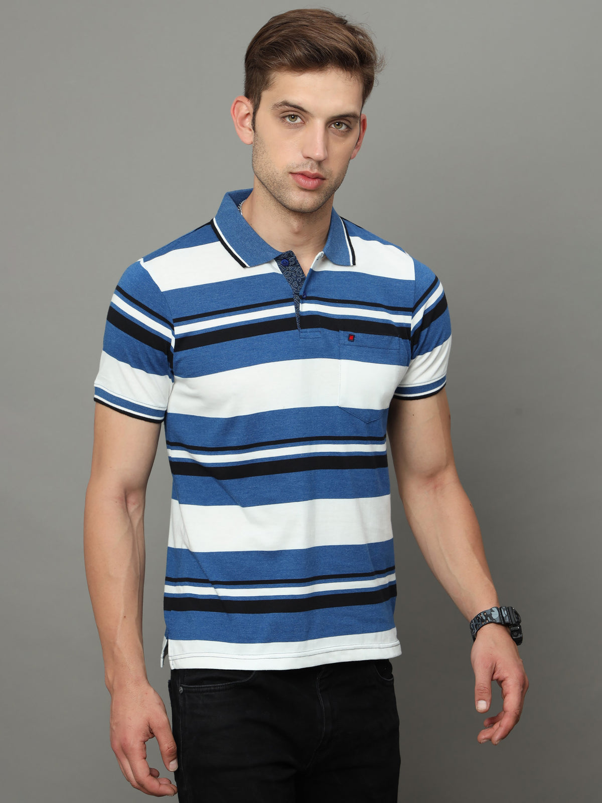 Shop Men's White & Blue Stripe Regular Fit Half Sleeves Polo Neck T-Shirt Online.