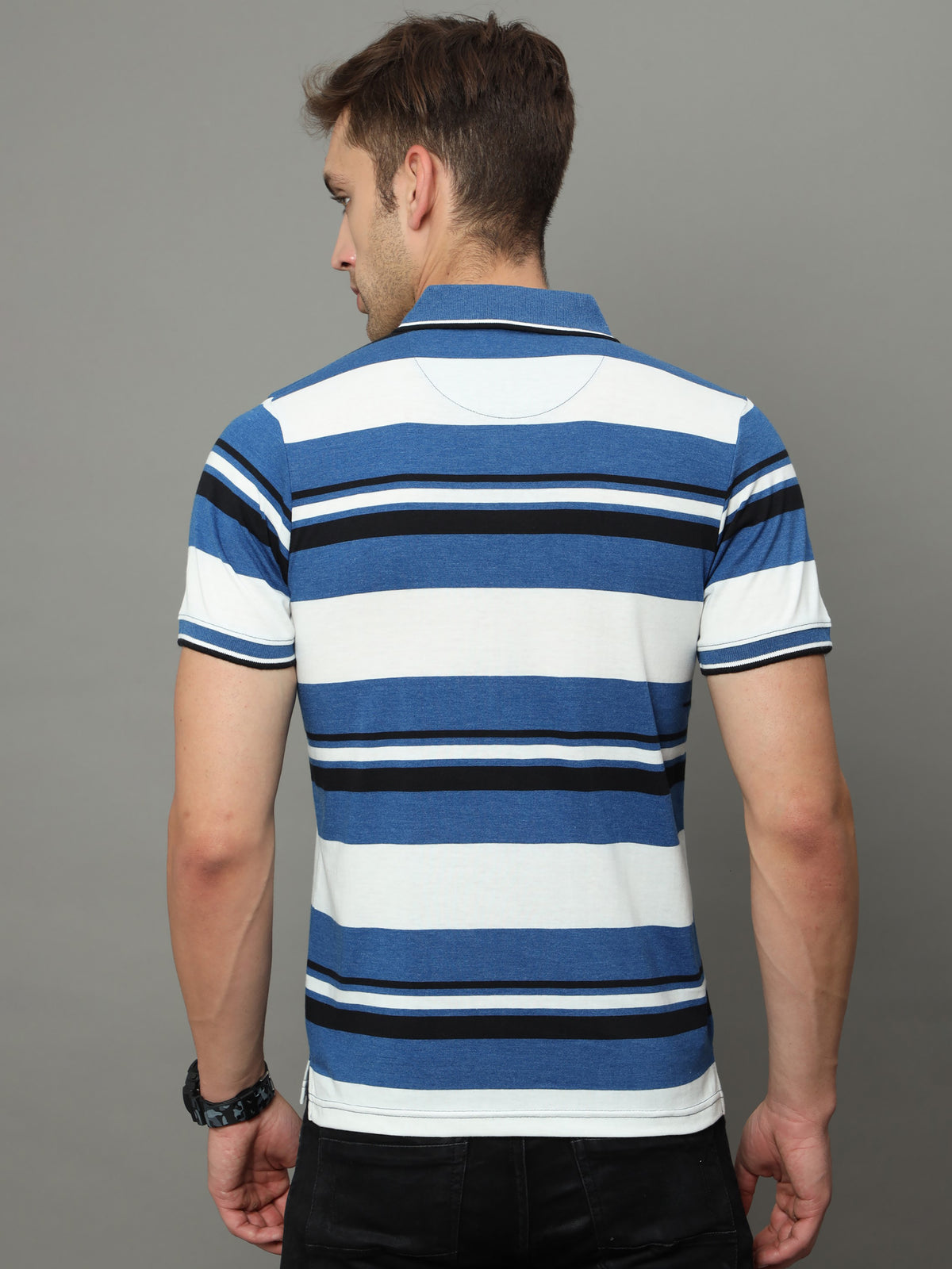 Shop Men's White & Blue Stripe Regular Fit Half Sleeves Polo Neck T-Shirt Online.