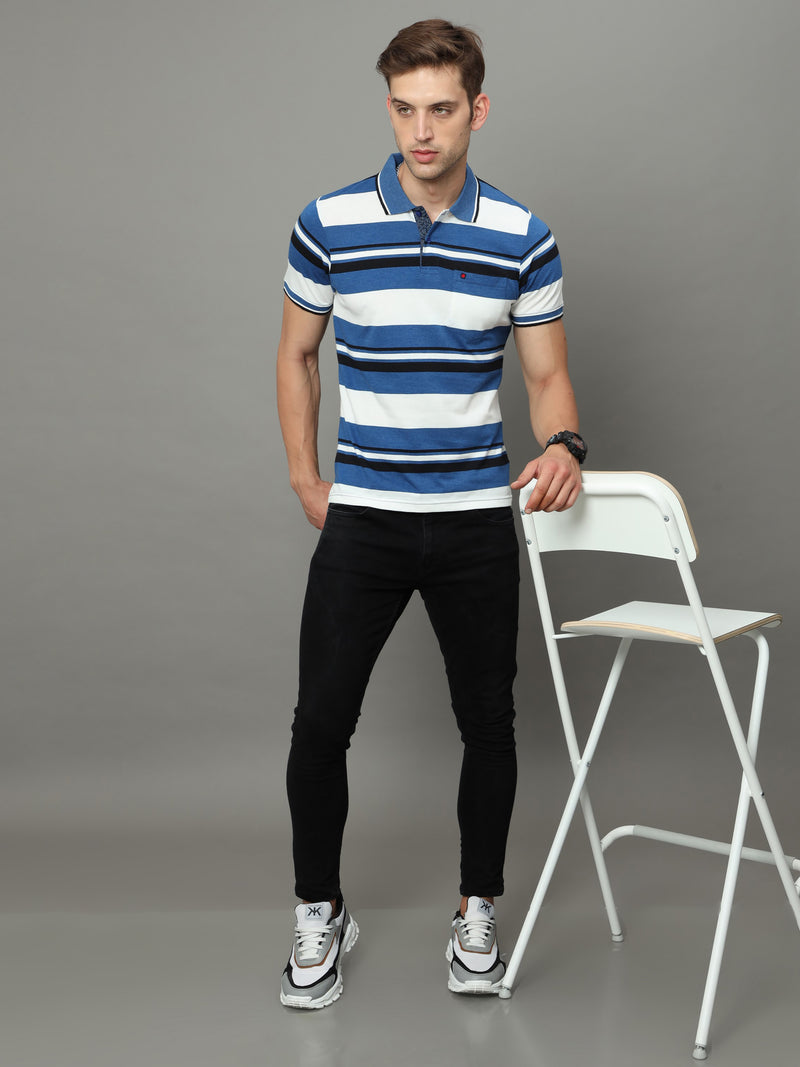 Shop Men's White & Blue Stripe Regular Fit Half Sleeves Polo Neck T-Shirt Online.