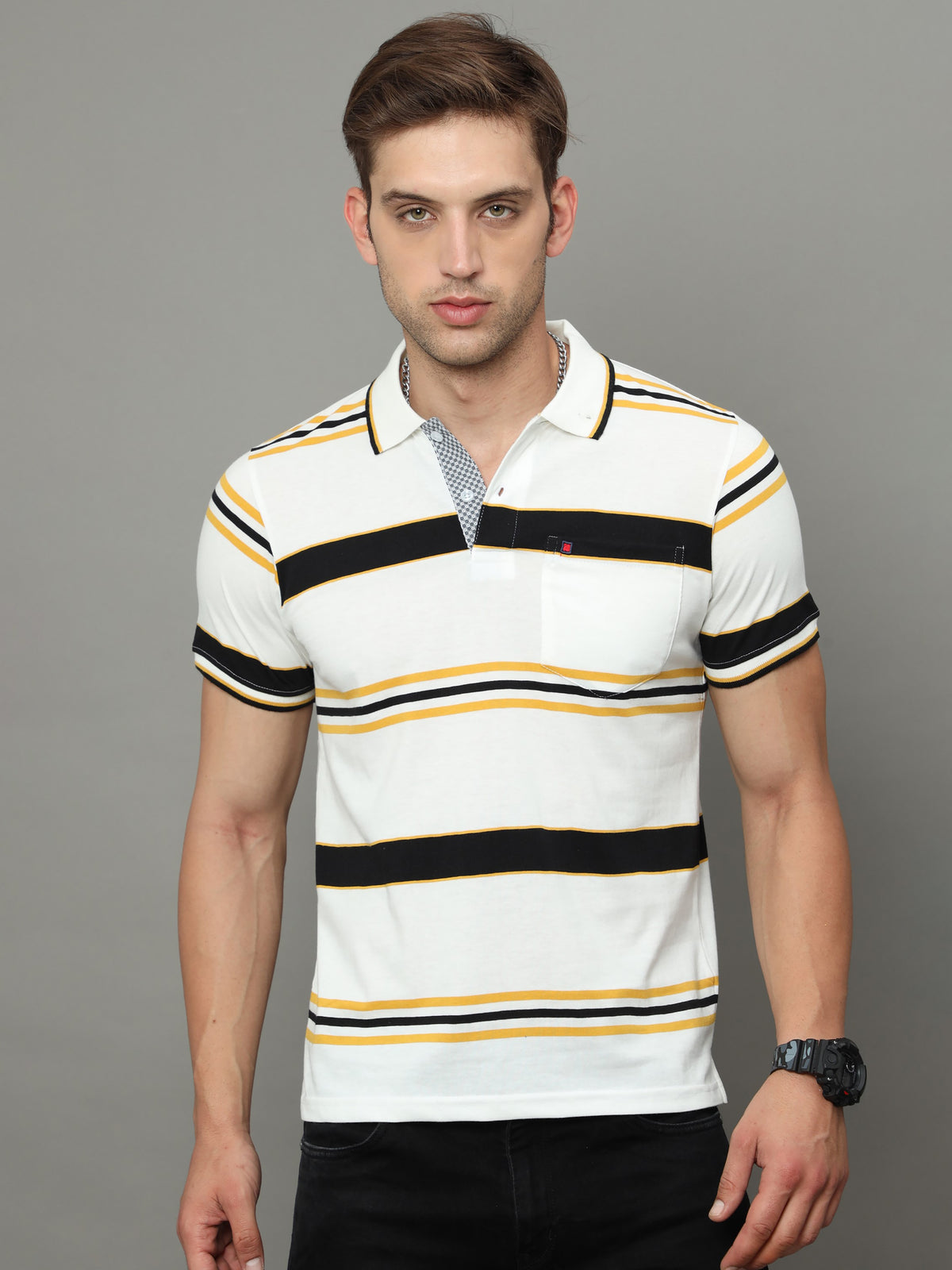 Shop Men's Black Stripe Regular Fit Half Sleeves Polo Neck T-Shirt Online.