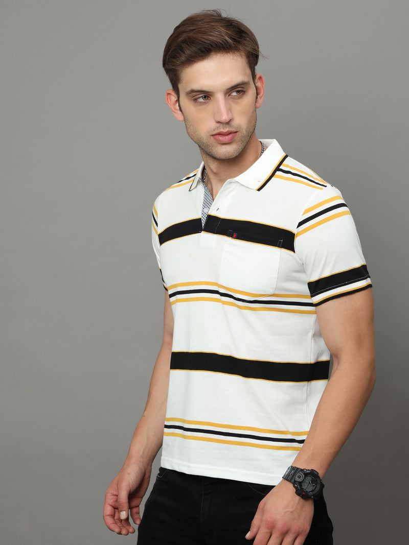 Shop Men's White & Yellow Stripe Regular Fit Half Sleeves Polo Neck T-Shirt Online.