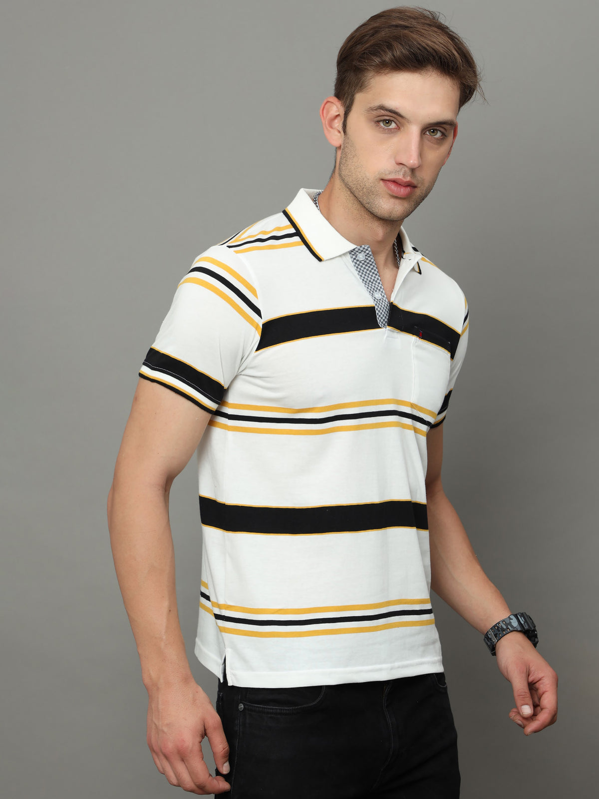 Shop Men's White & Yellow Stripe Regular Fit Half Sleeves Polo Neck T-Shirt Online.