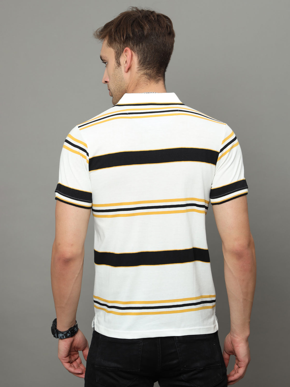 Shop Men's White & Yellow Stripe Regular Fit Half Sleeves Polo Neck T-Shirt Online.