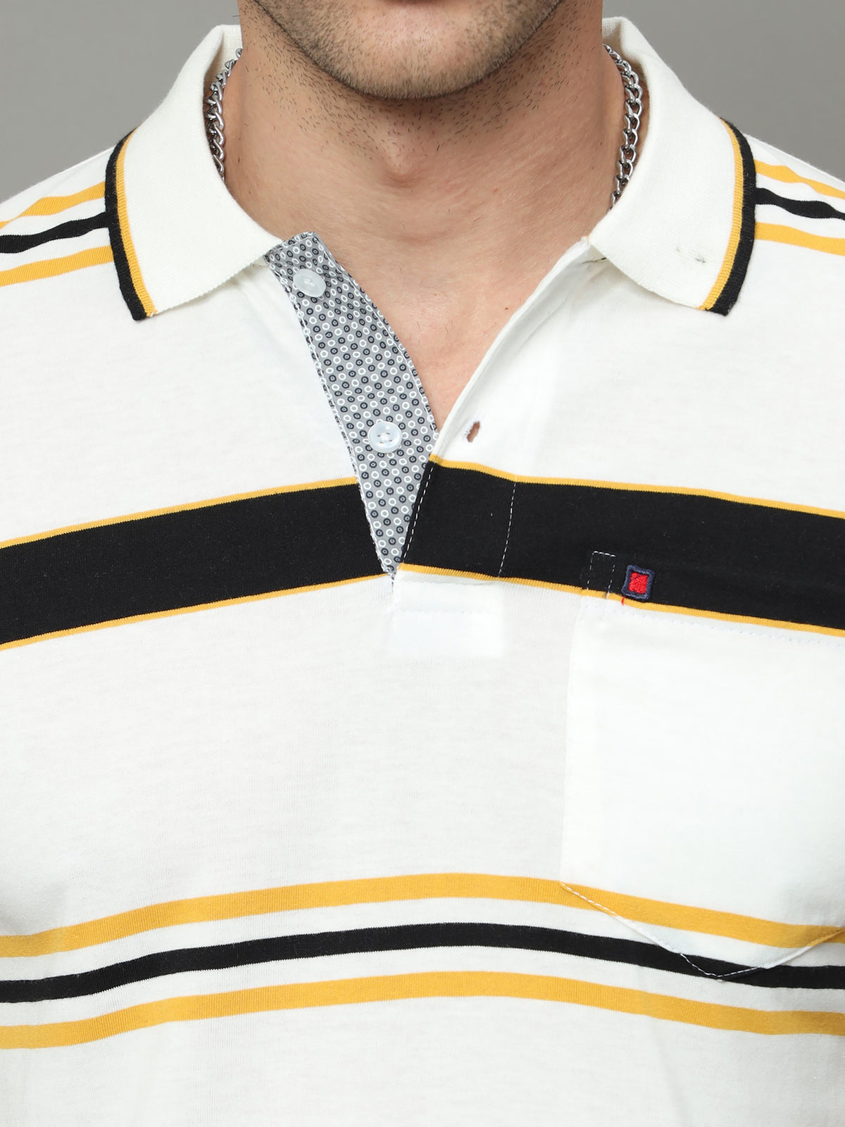 Shop Men's White & Yellow Stripe Regular Fit Half Sleeves Polo Neck T-Shirt Online.