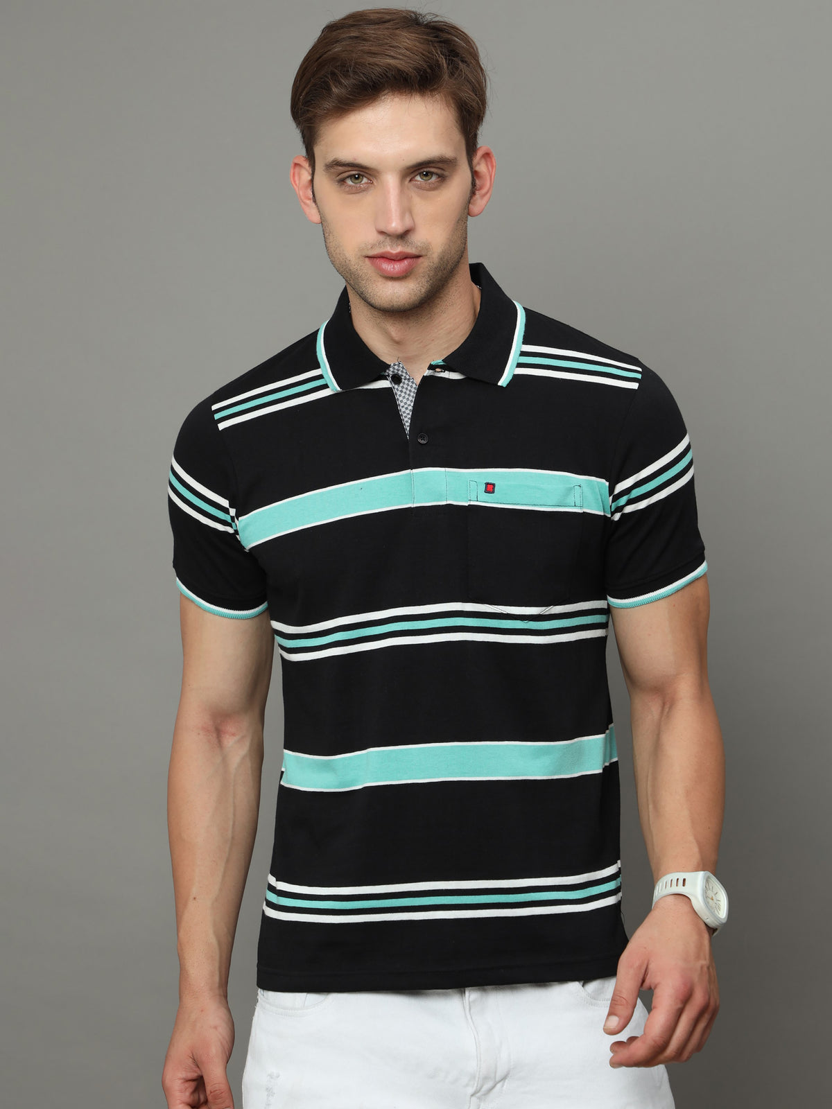 Shop Men's Black Stripe Regular Fit Half Sleeves Polo Neck T-Shirt Online.