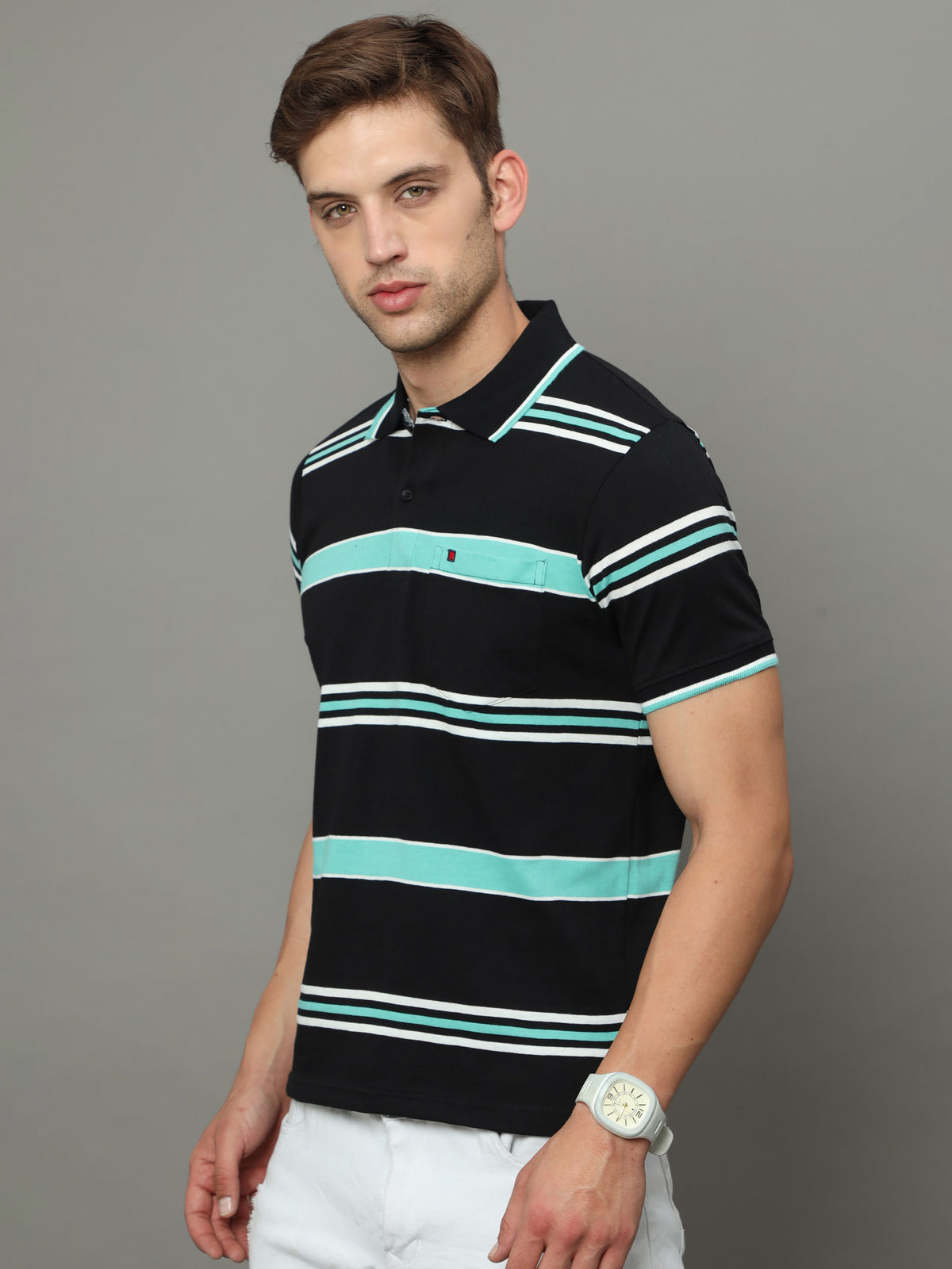 Shop Men's Black Stripe Regular Fit Half Sleeves Polo Neck T-Shirt Online.