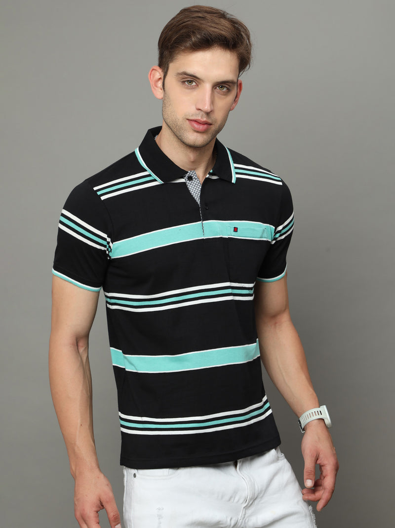 Shop Men's Black Stripe Regular Fit Half Sleeves Polo Neck T-Shirt Online.