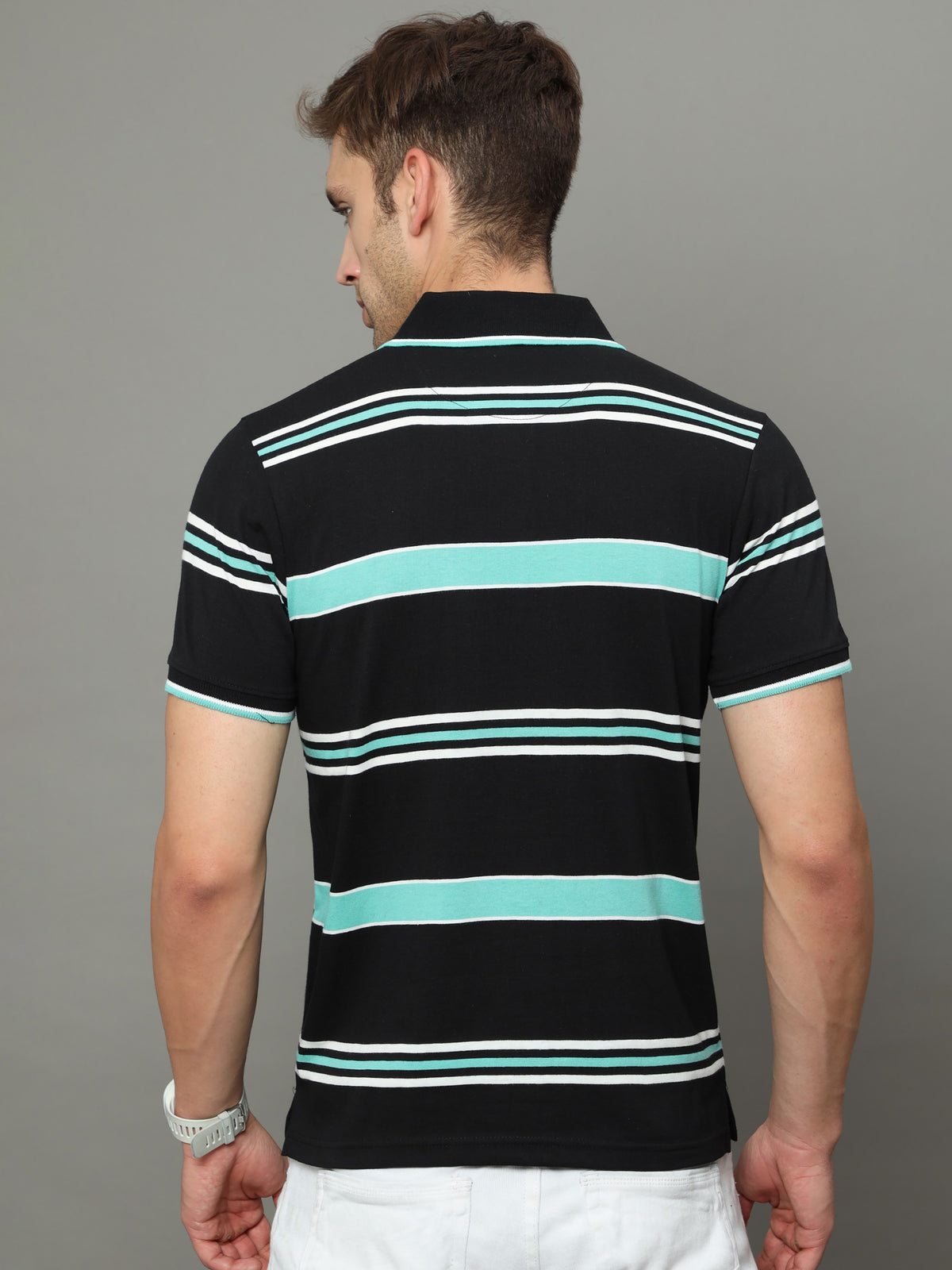 Shop Men's Black Stripe Regular Fit Half Sleeves Polo Neck T-Shirt Online.