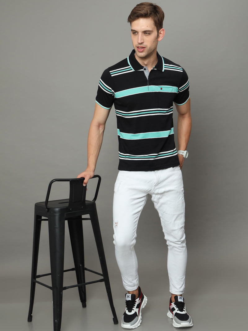 Shop Men's Black Stripe Regular Fit Half Sleeves Polo Neck T-Shirt Online.