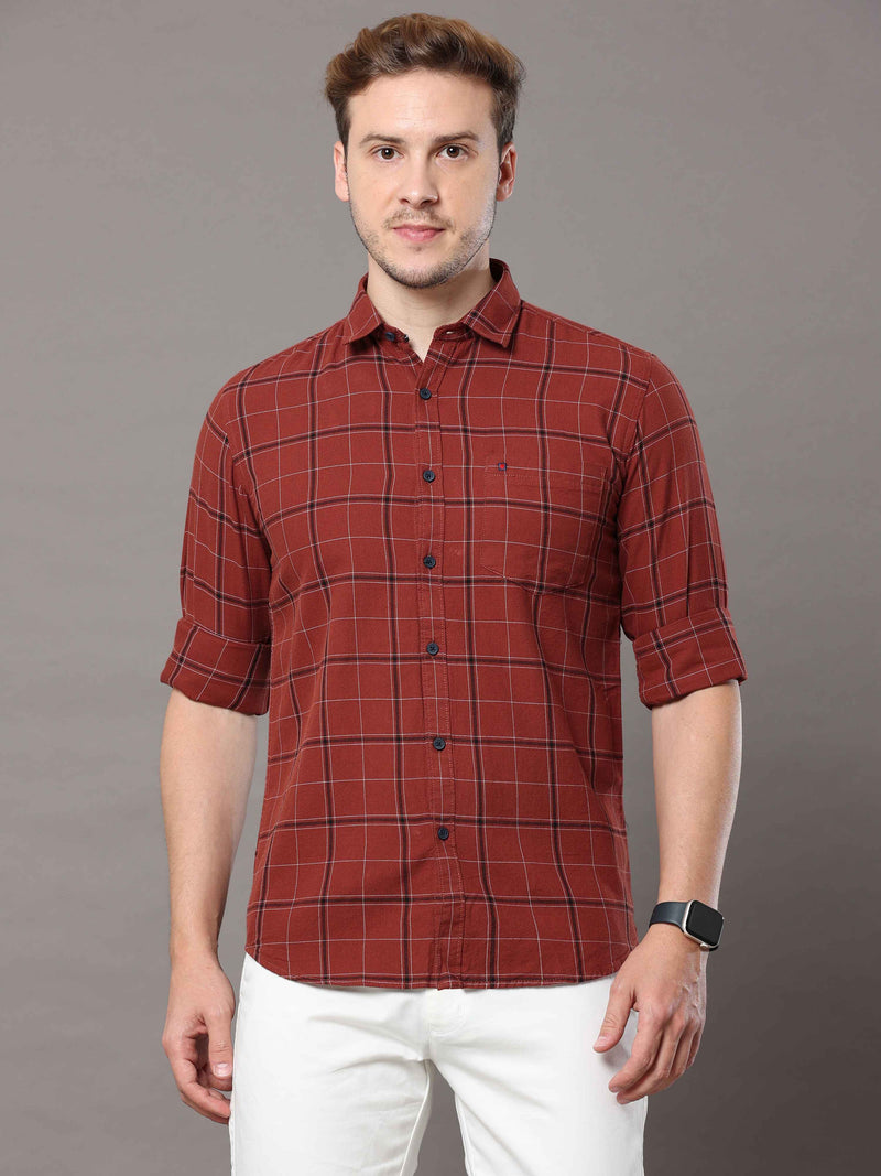 Shop Men's Rust Slim Fit Cotton Casual Checks Shirt Online.