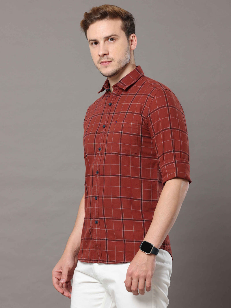 Shop Men's Rust Slim Fit Cotton Casual Checks Shirt Online.