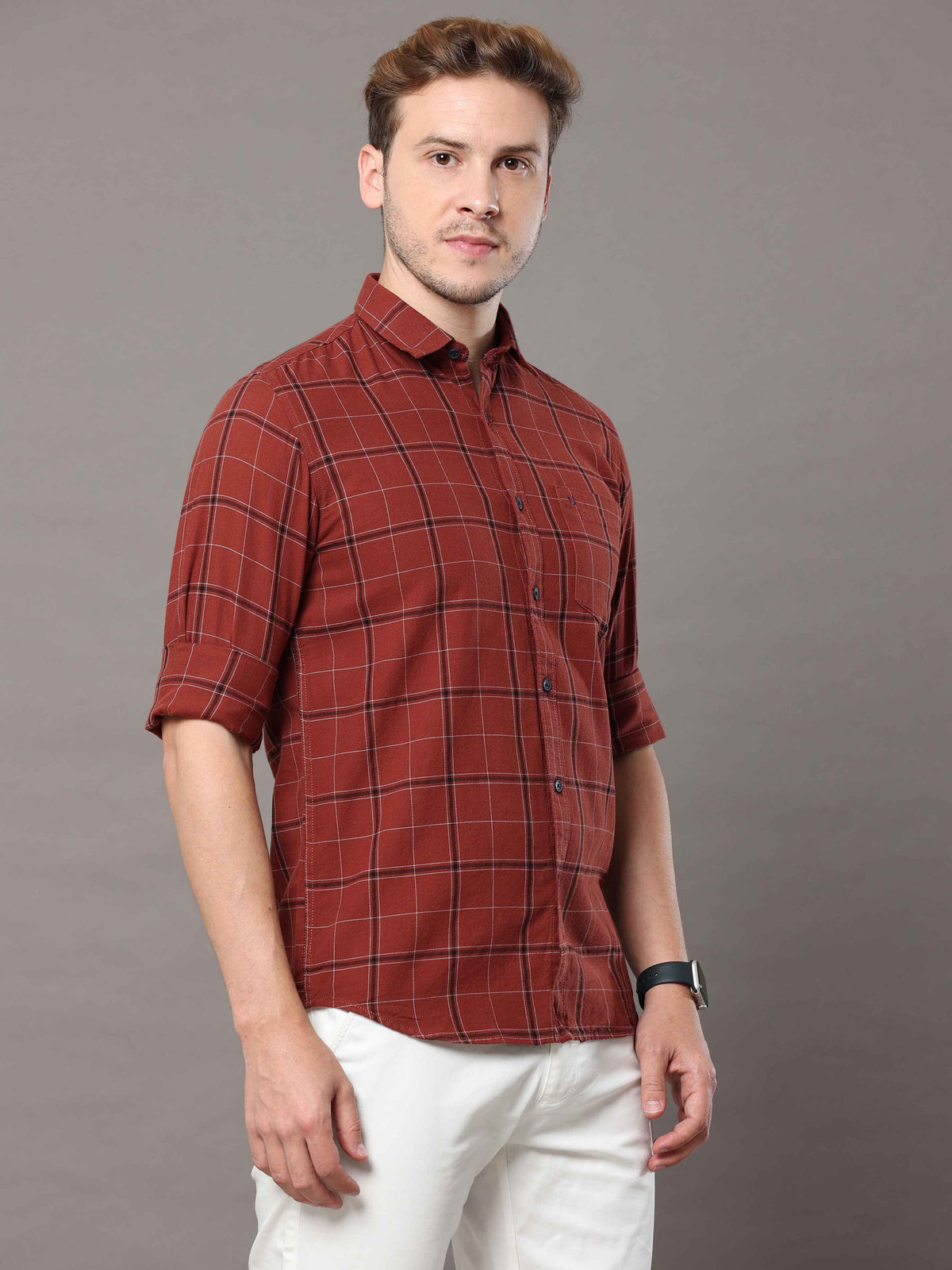 Shop Men's Rust Slim Fit Cotton Casual Checks Shirt Online.