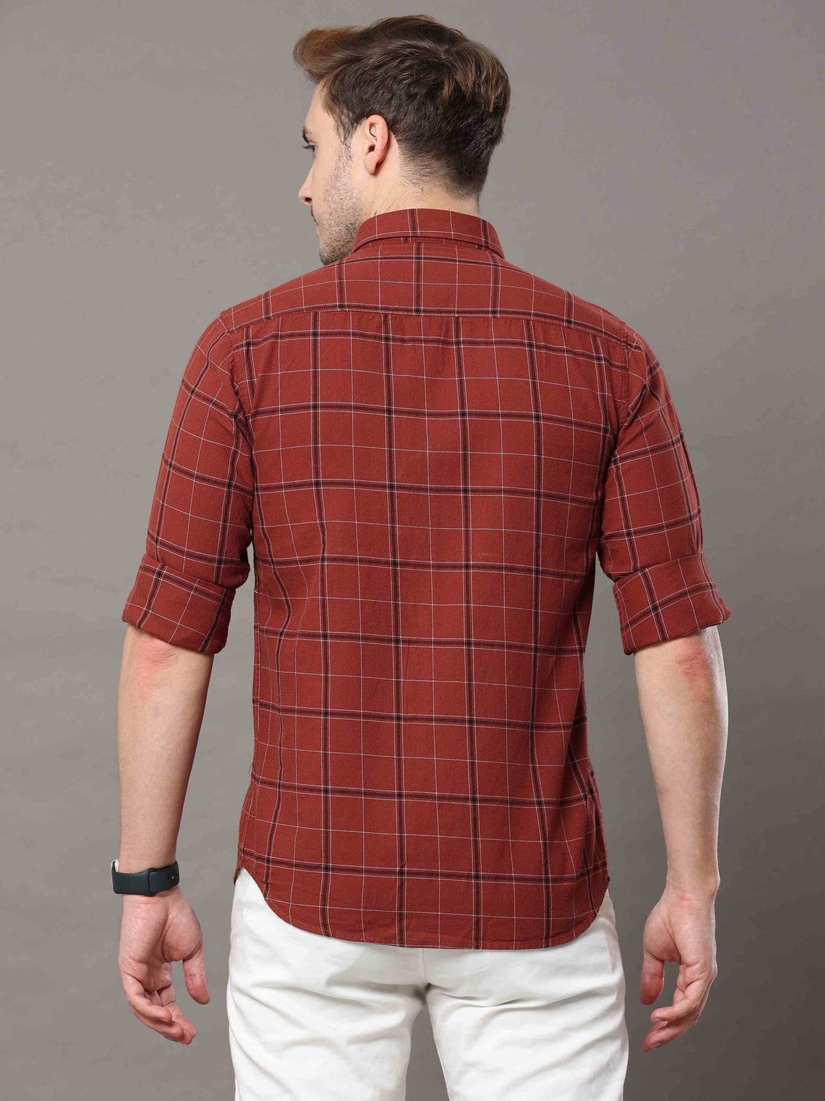 Shop Men's Rust Slim Fit Cotton Casual Checks Shirt Online.