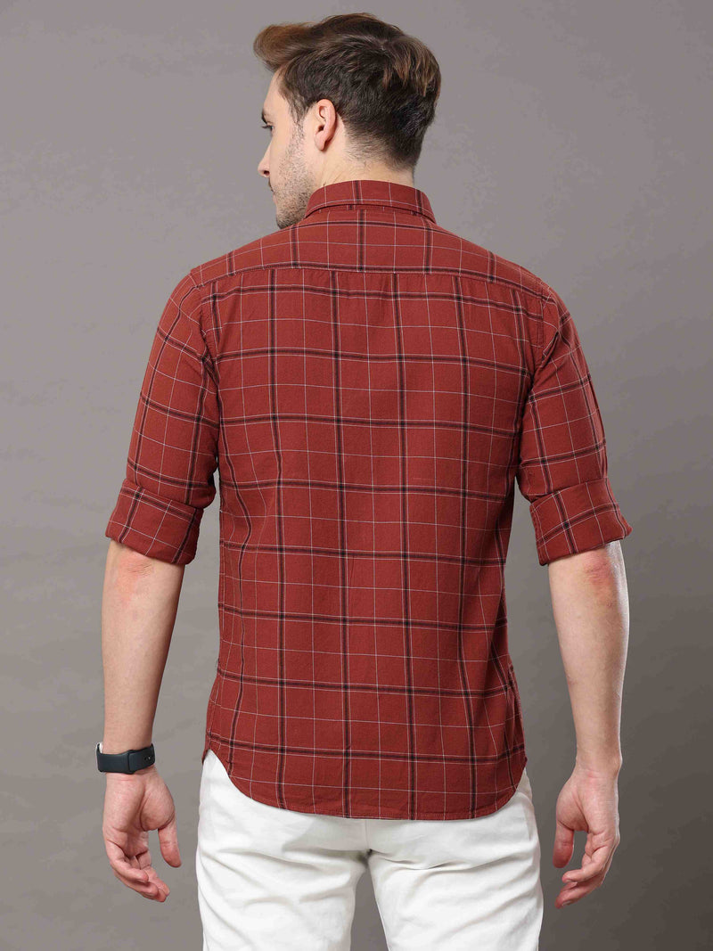 Shop Men's Brown Slim Fit Cotton Casual Checks Shirt Online.