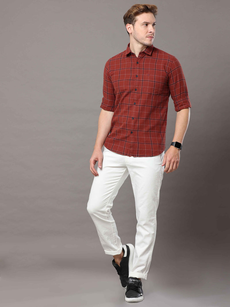 Shop Men's Rust Slim Fit Cotton Casual Checks Shirt Online.