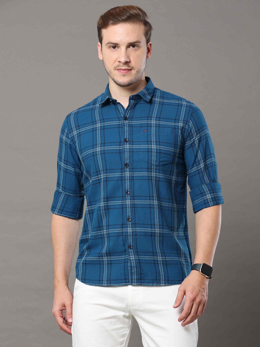 Men's Teal Slim Fit Checks Full Sleeves Casual Shirts