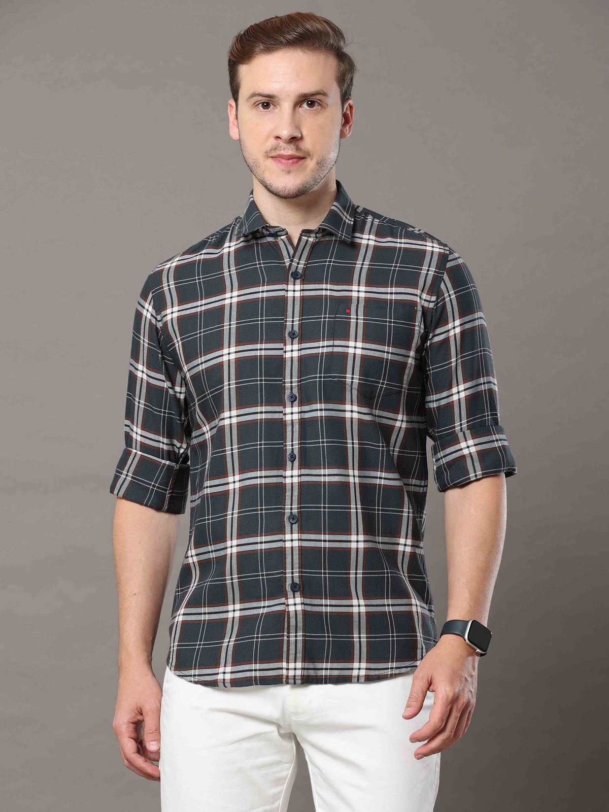 Shop Men's Dark Green Slim Fit Cotton Casual Checks Shirt Online.