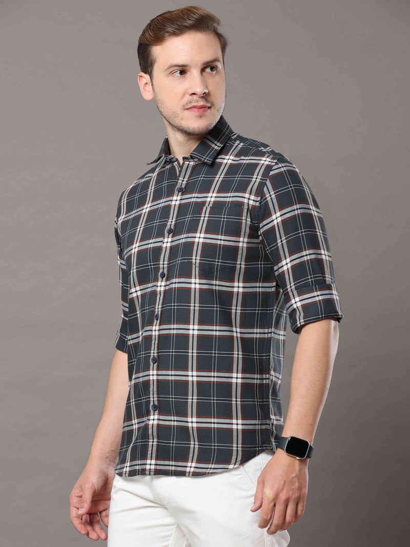 Shop Men's Dark Green Slim Fit Cotton Casual Checks Shirt Online.