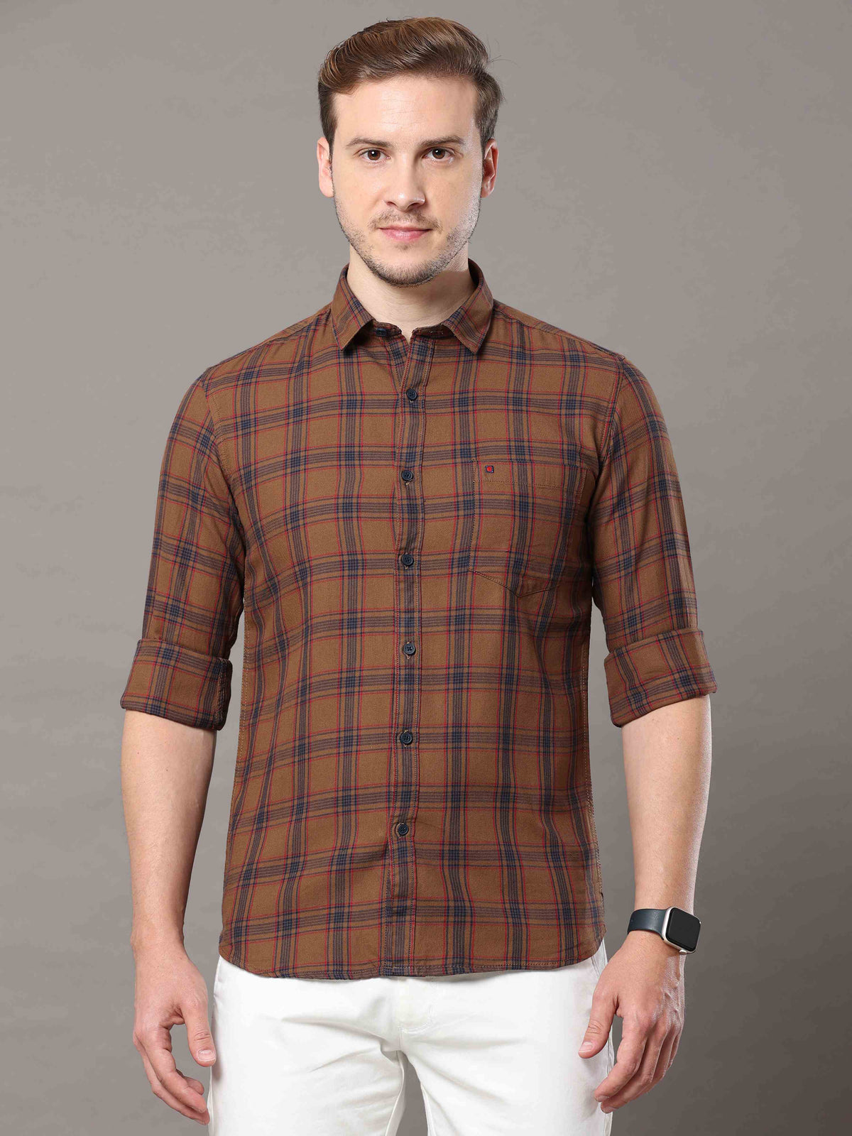 Shop Men's Bronze Slim Fit Cotton Casual Check Shirt Online.