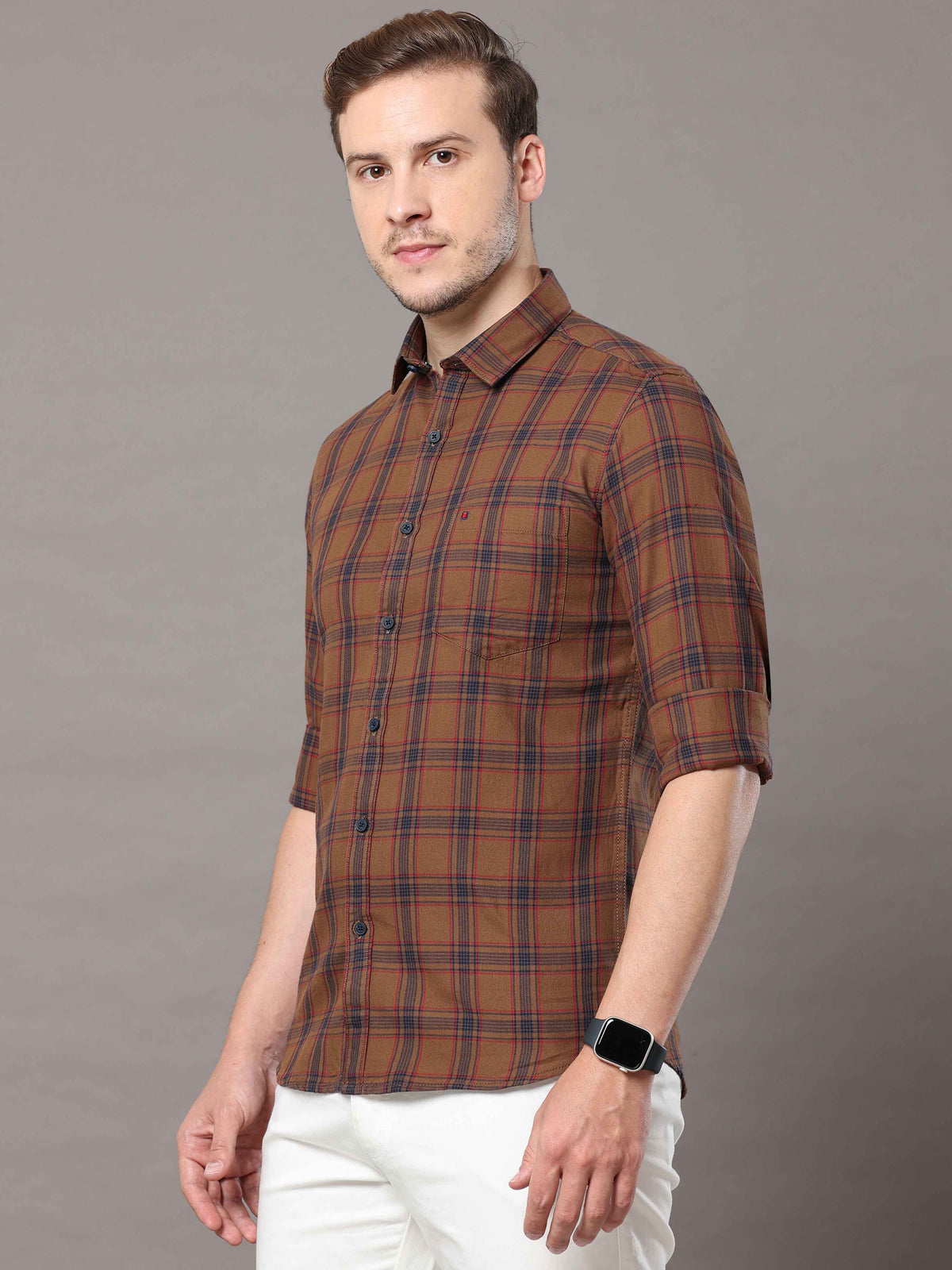 Shop Men's Bronze Slim Fit Cotton Casual Check Shirt Online.