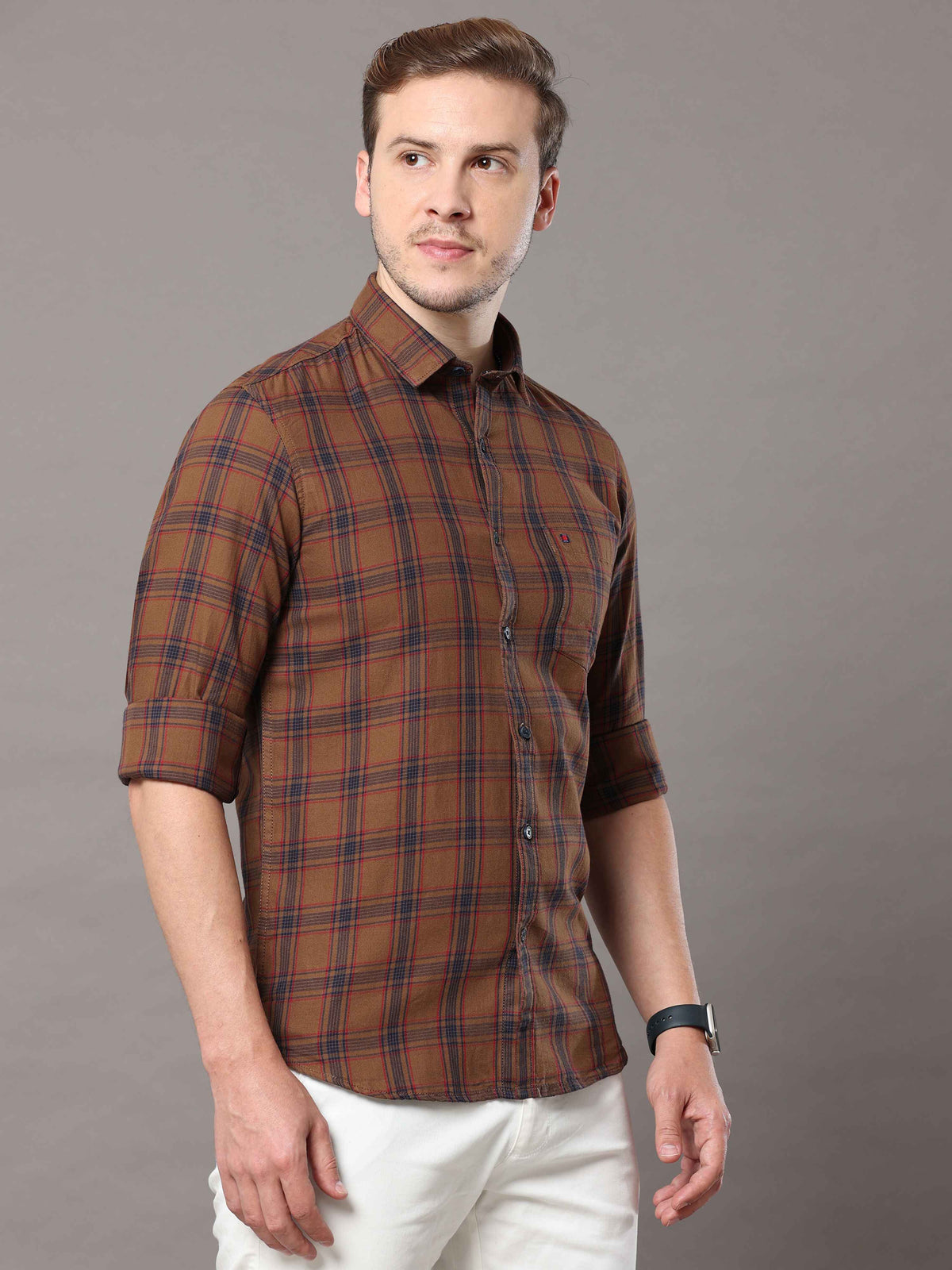 Shop Men's Bronze Slim Fit Cotton Casual Check Shirt Online.