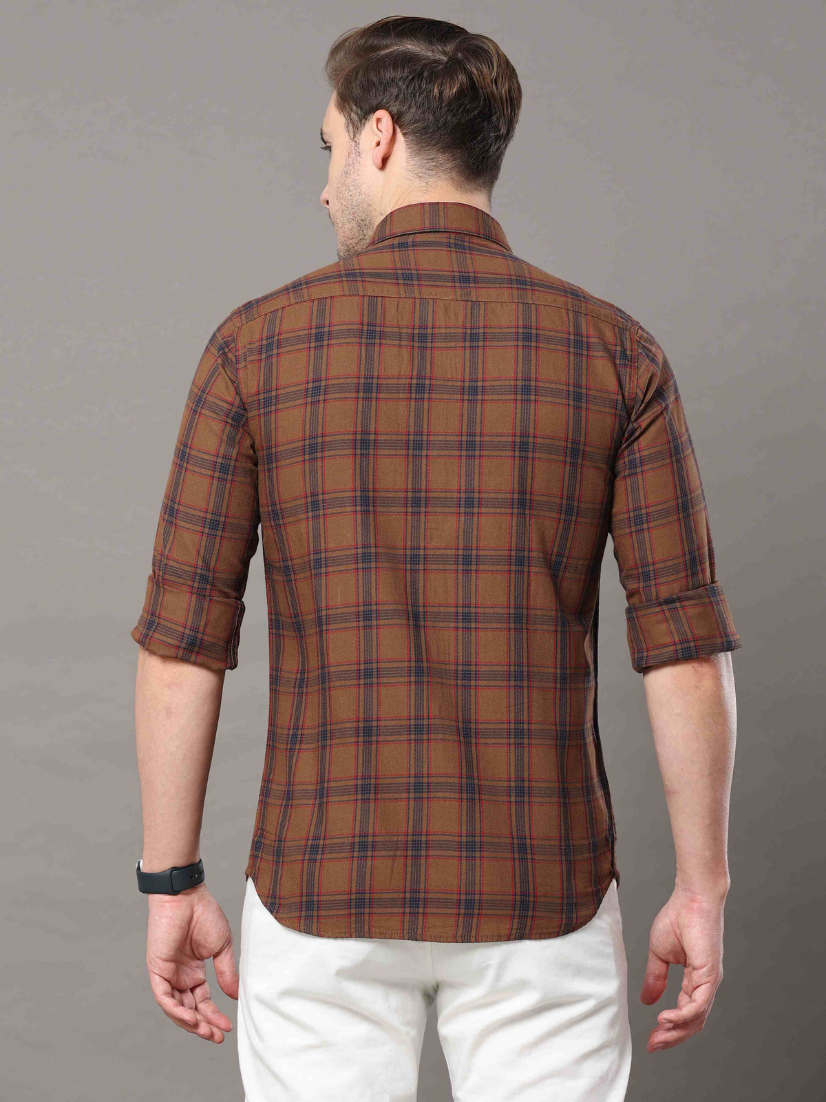 Shop Men's Bronze Slim Fit Cotton Casual Check Shirt Online.