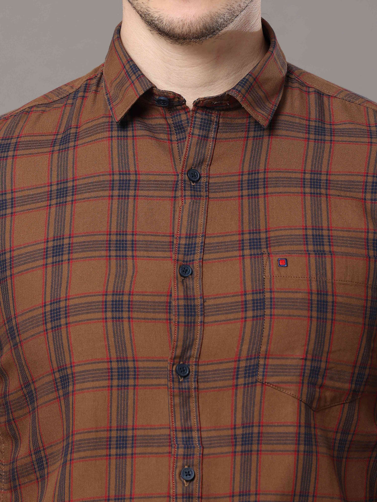 Shop Men's Bronze Slim Fit Cotton Casual Check Shirt Online.