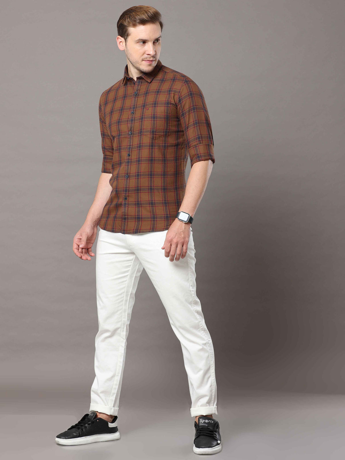 Shop Men's Bronze Slim Fit Cotton Casual Check Shirt Online.