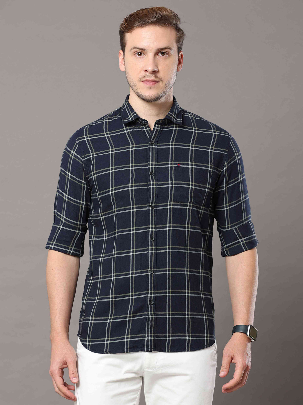 Shop Men's Navy Slim Fit Cotton Casual Check Shirt Online.