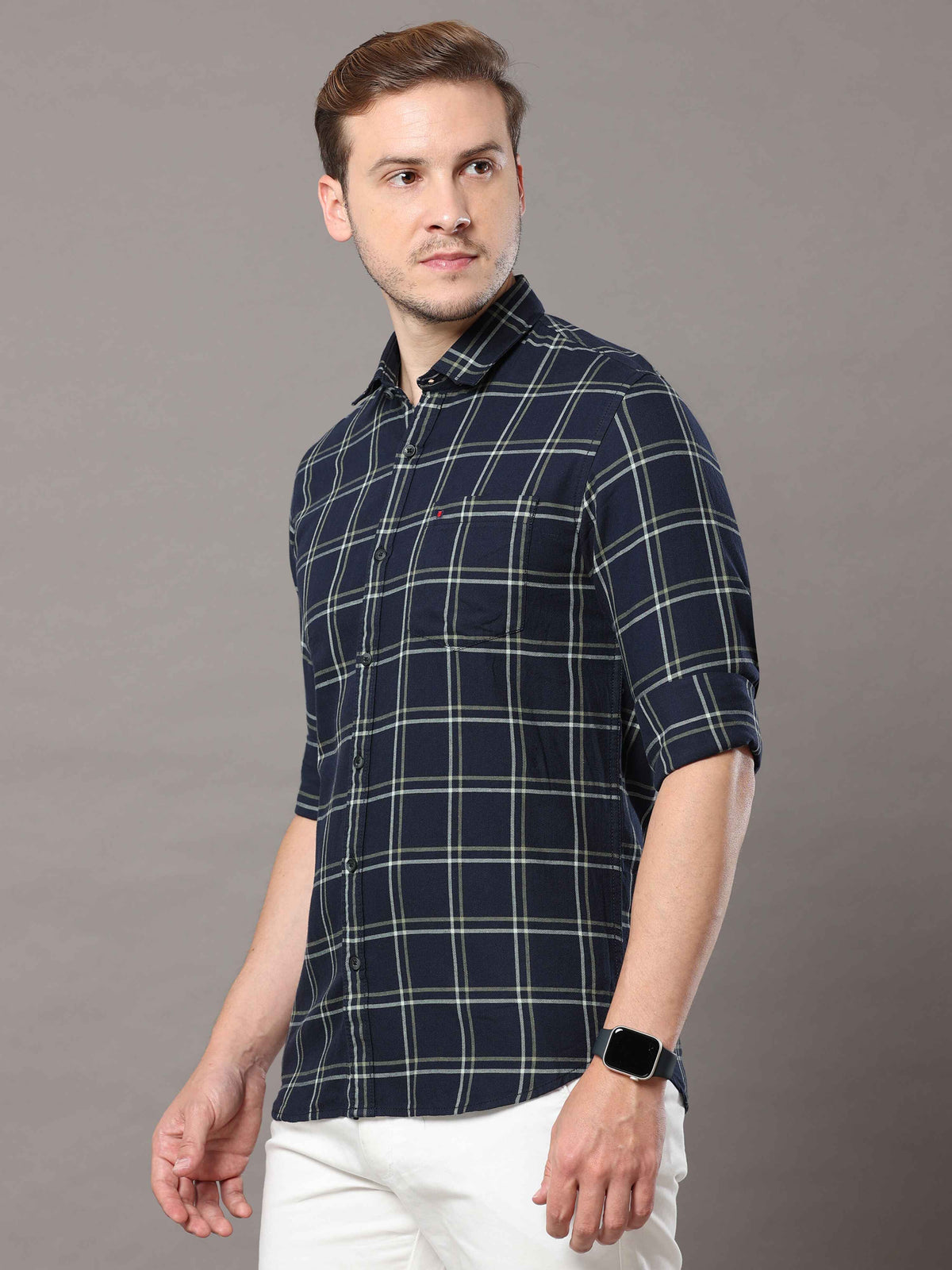 Shop Men's Navy Slim Fit Cotton Casual Check Shirt Online.