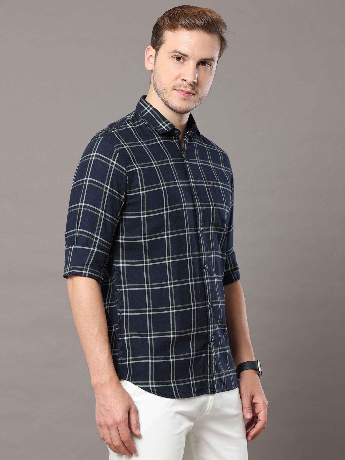 Shop Men's Navy Slim Fit Cotton Casual Check Shirt Online.