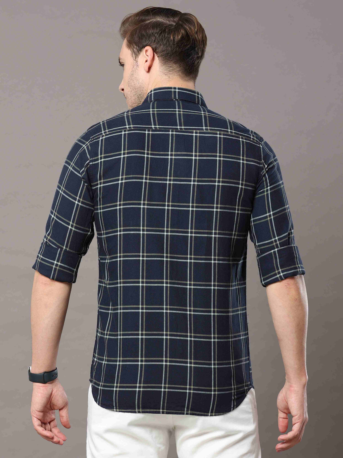 Shop Men's Navy Slim Fit Cotton Casual Check Shirt Online.