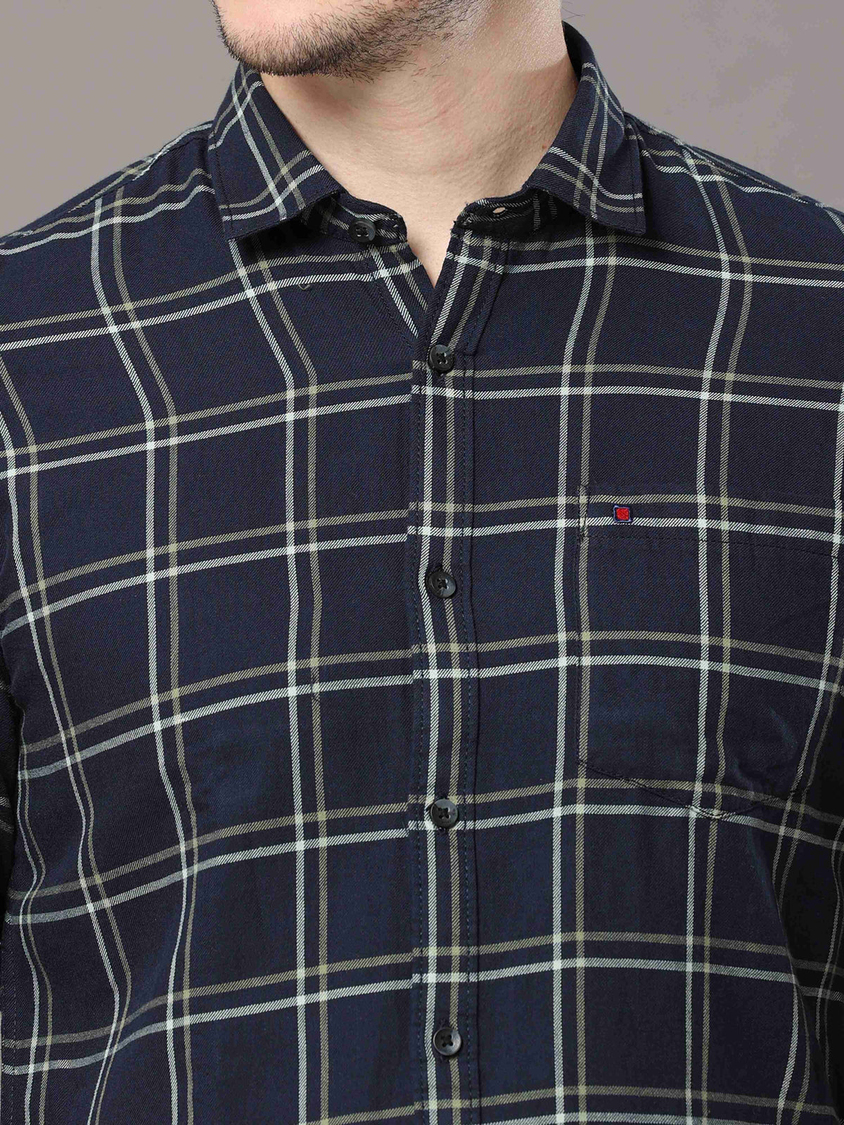 Shop Men's Navy Slim Fit Cotton Casual Check Shirt Online.