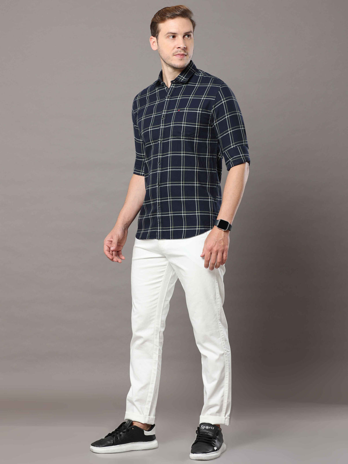 Shop Men's Navy Slim Fit Cotton Casual Check Shirt Online.