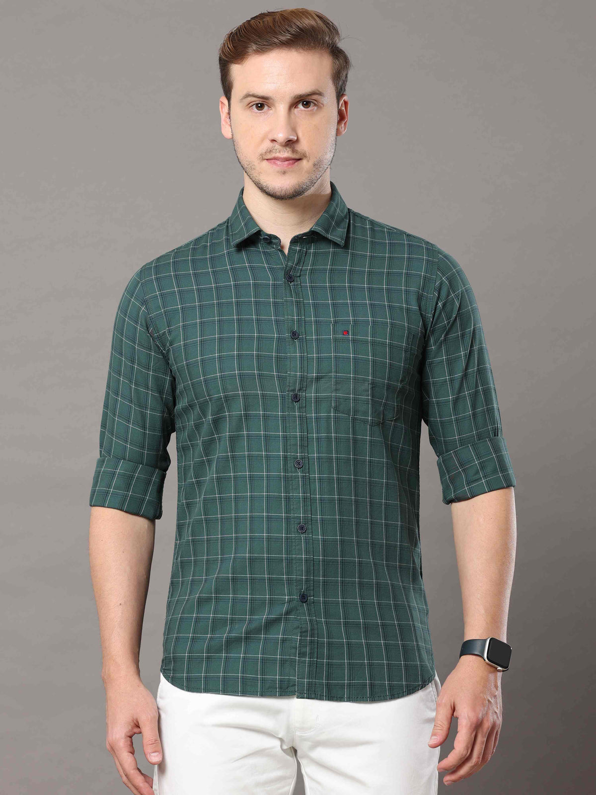 Shop Men's Green Slim Fit Cotton Casual Check Shirt Online.