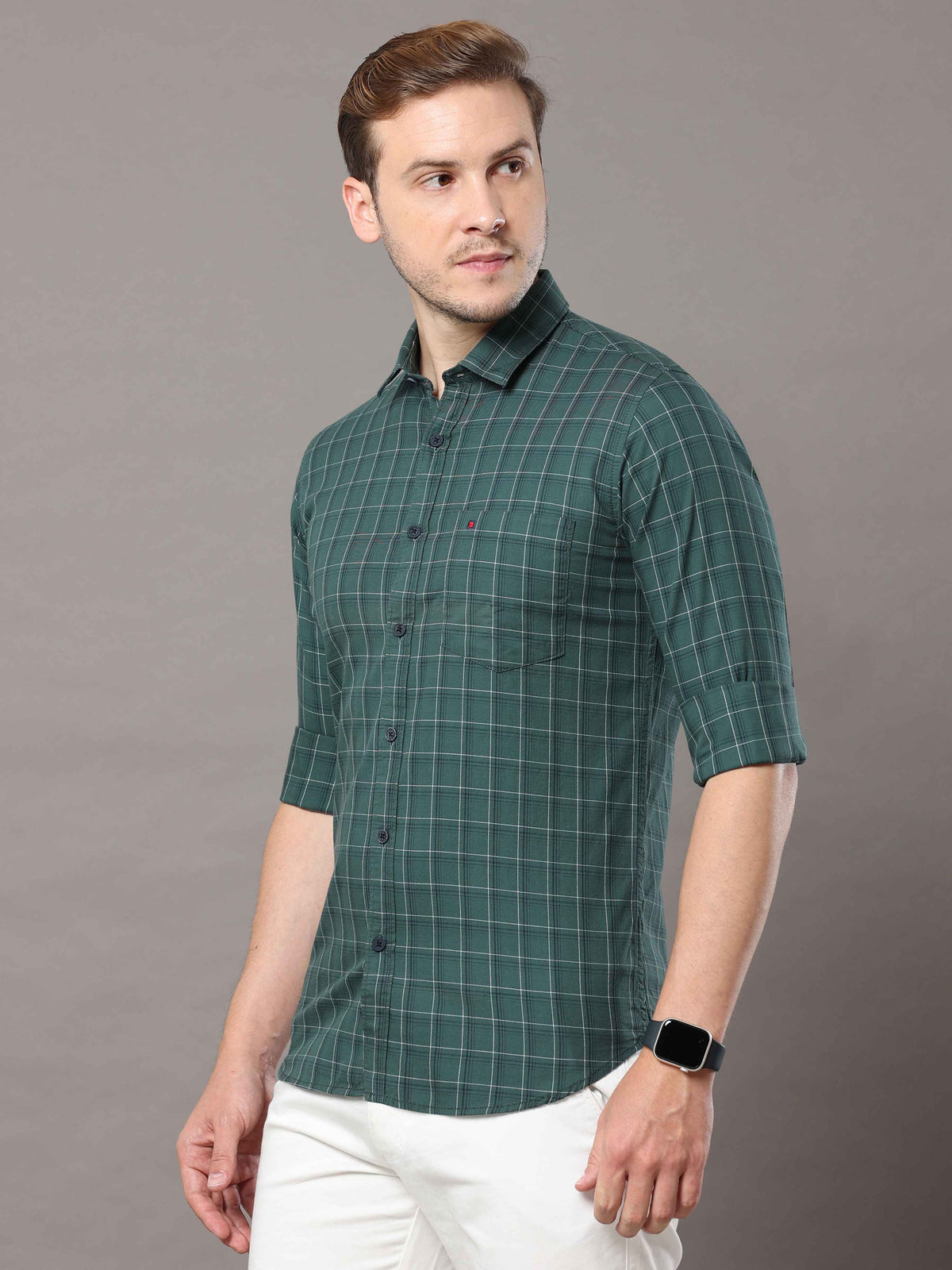 Shop Men's Green Slim Fit Cotton Casual Check Shirt Online.