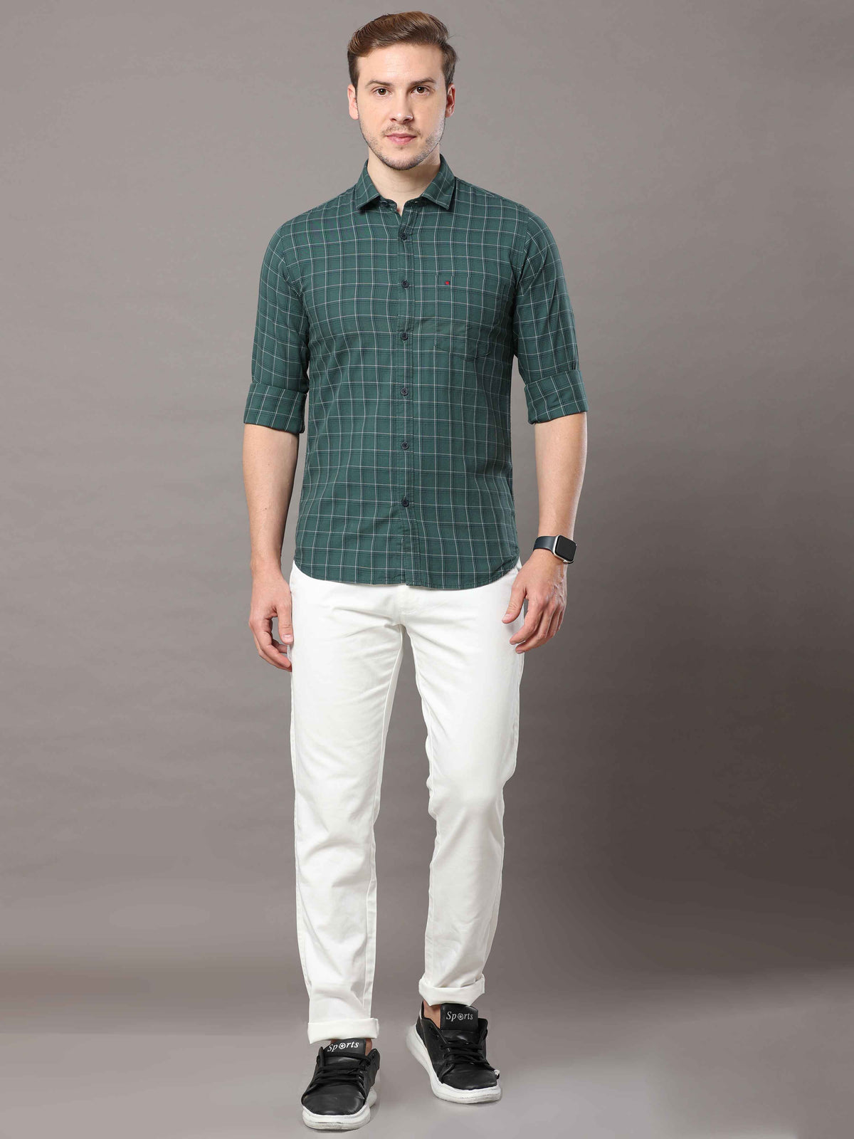 Shop Men's Green Slim Fit Cotton Casual Check Shirt Online.