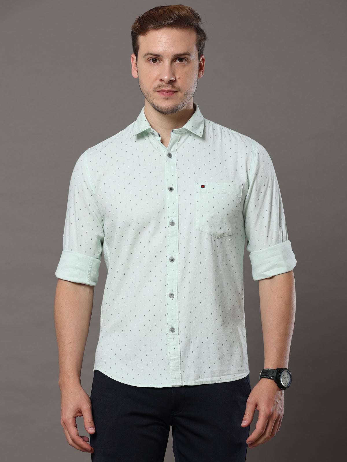 Shop Men's Light Green Slim Fit Cotton Casual Printed Shirt Online.